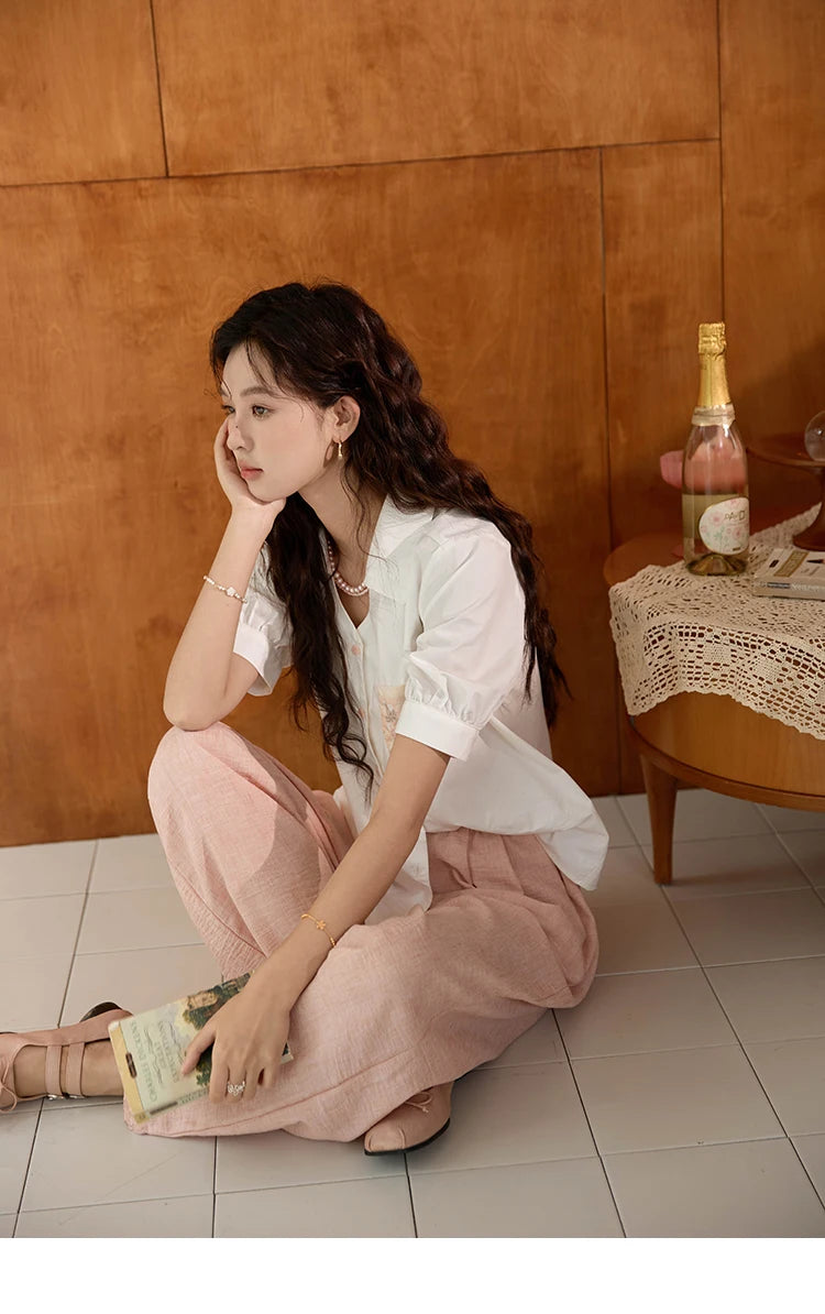 MISHOW Cotton Short Sleeve Shirt Embroidered Pocket Puff Sleeve MXD26C0243