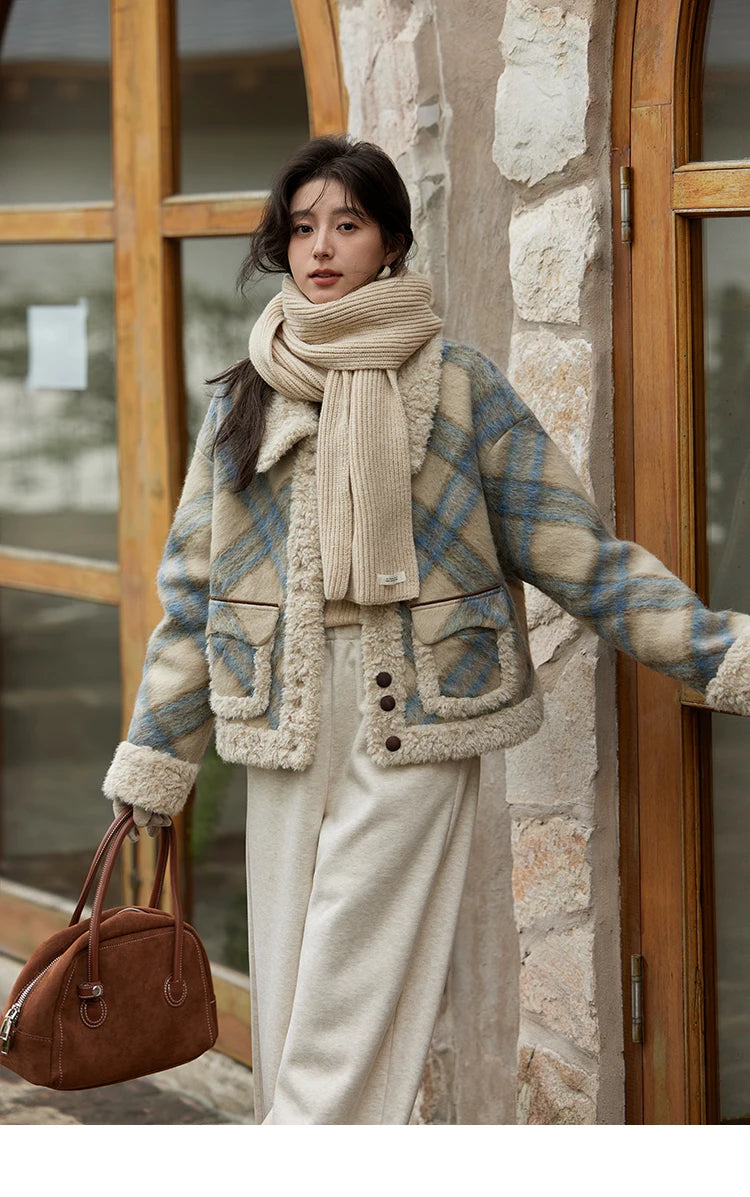 MISHOW Splicing Fleece Plaid Tweed Jacket Turn Down Collar MXD55W0574