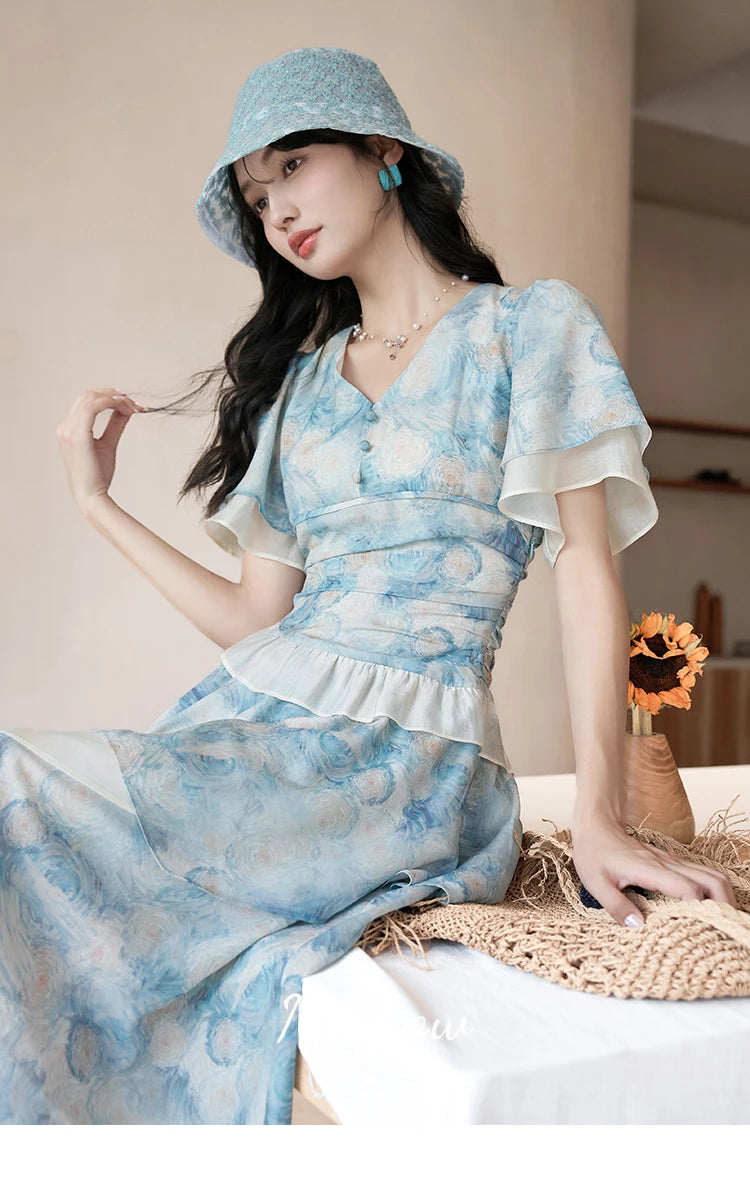 Mishow Van Gogh Double Layer Sleeve Asymmetrical Dress MXC39L1527