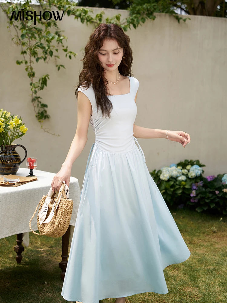 Mishow Square Neck Patchwork Side Drawstring Dress MXD23L1818