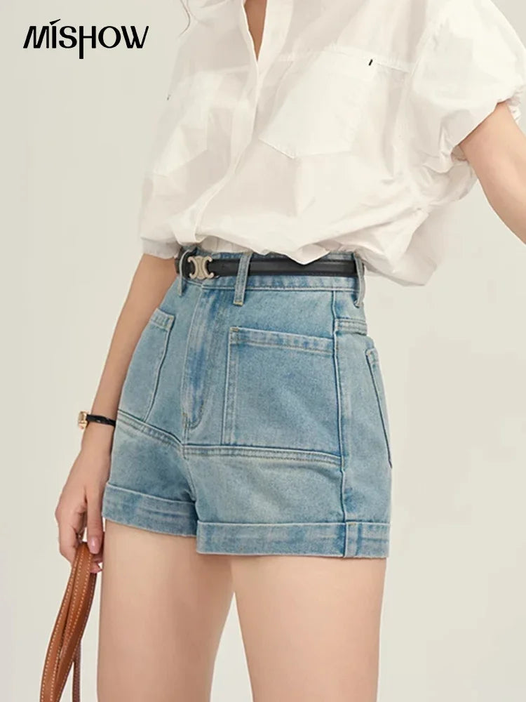 Mishow Denim Blue High Waist Straight Shorts MPD26K0618