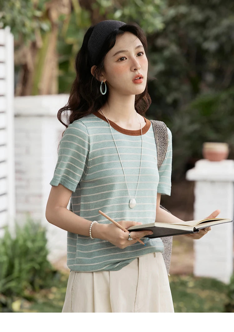 Mishow Striped Contrast Round Neck Tee MXE35Z1270