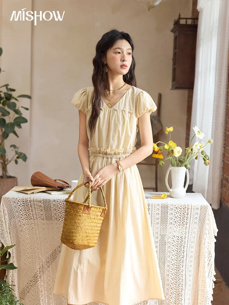 Mishow Flower Bud Sleeve V-Neck Sash Dress MXE34L2238