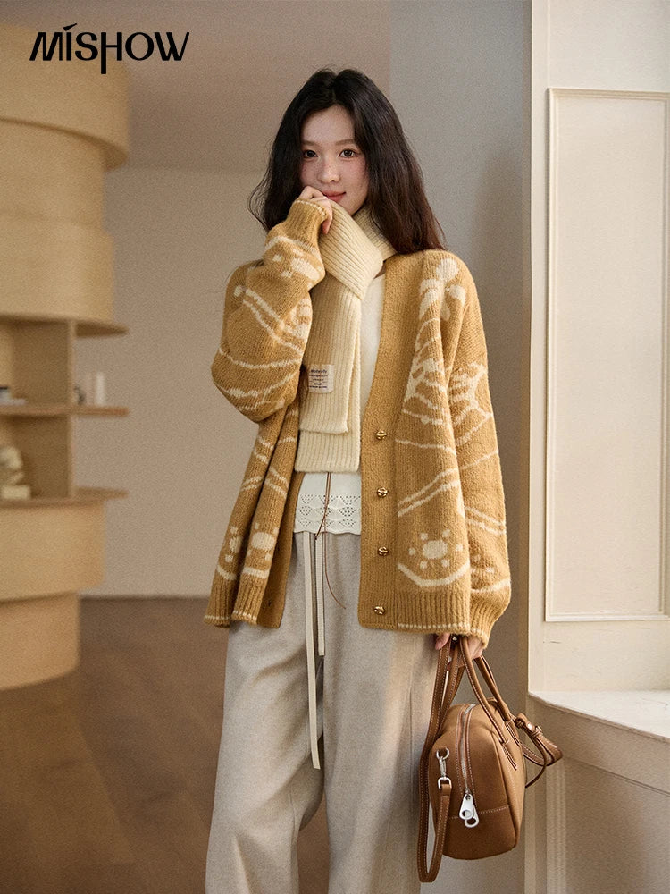 Mishow Yellow Jacquard Plant Pattern Cardigan MXE48Z2522