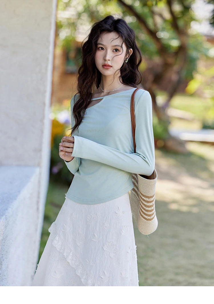 Mishow Irregular Hollow Neck Slim Solid Top MXE13Z1116