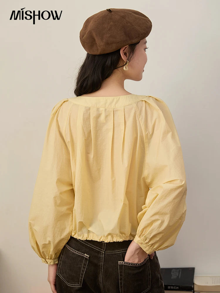 MISHOW Light Yellow Pleated Shirt Drawstring Hem Lantern Sleeve MXE45X2490
