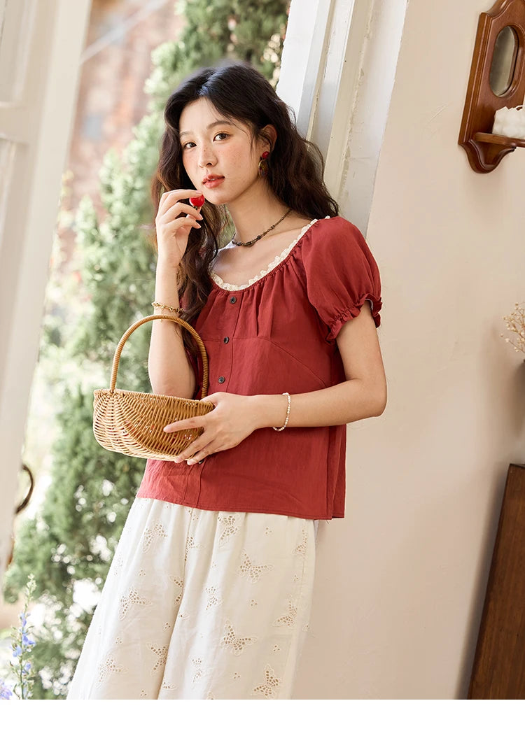 MISHOW Short Puff Sleeve Blouse Lace Collar Slimming MXE35X1827