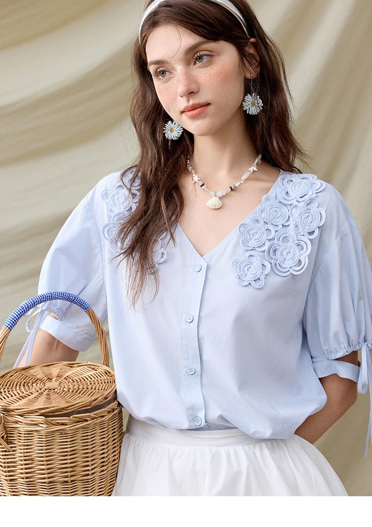 MISHOW Solid V-Neck Blouse Embroidered Loose Short Sleeve MXE31X1774
