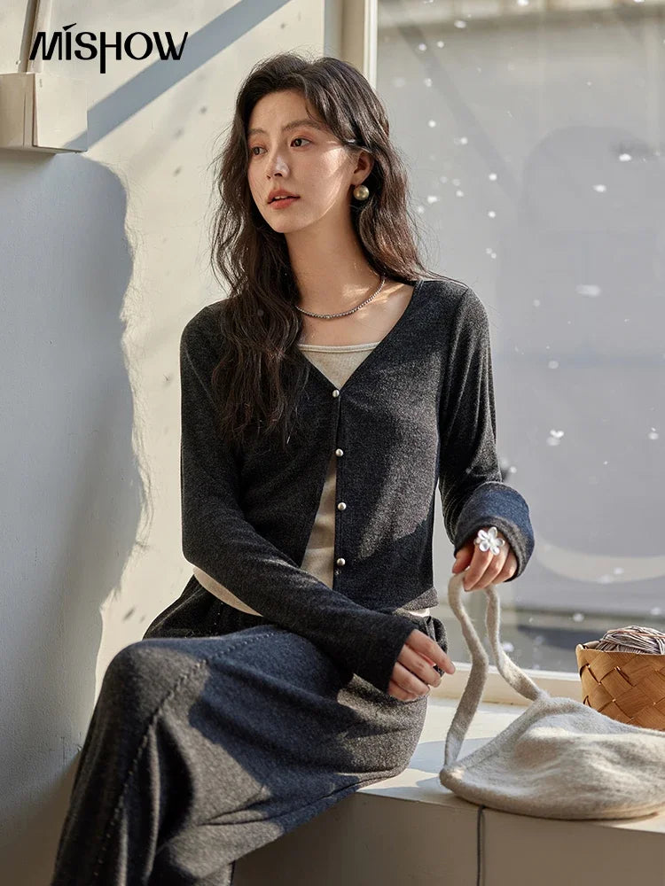 Mishow False Two-Piece Splicing Knit Top & Wide Leg Pants Set MXD35Z0877