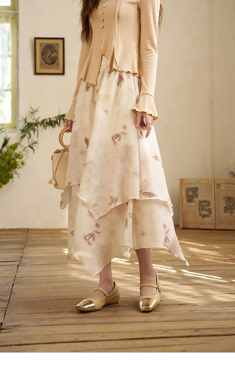 MISHOW Long Flowy Skirt Irregular High Waist A-Line Print Zipper MXD11B0215