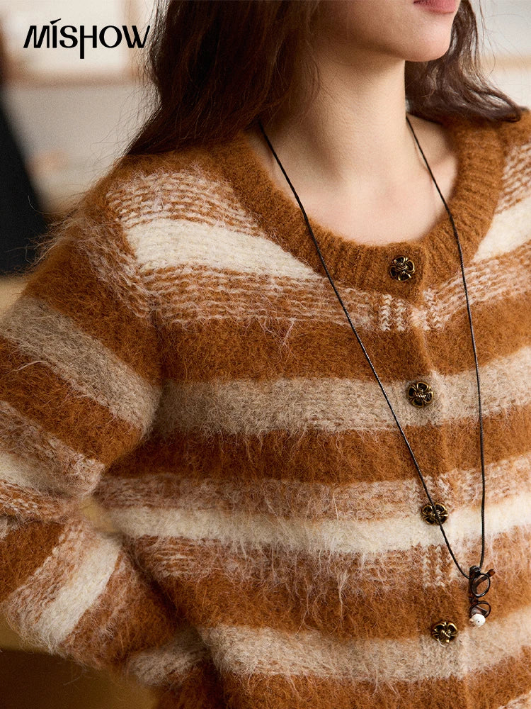 Mishow Retro Striped Round Neck Wool Cardigan MXE87Z2723