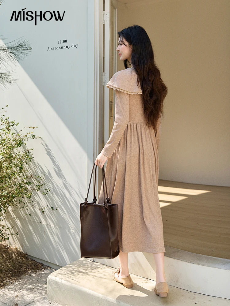 Mishow Khaki Large Collar Pleated Knit Dress MXF11L2553