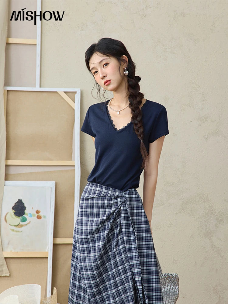 Mishow V-Neck Lace Spliced Office Tee MXE36T0644