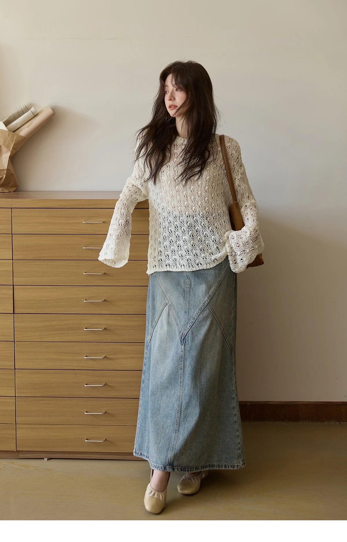 Mishow Hollow Jacquard Dropped Sleeve Sweater MXE43Z1360