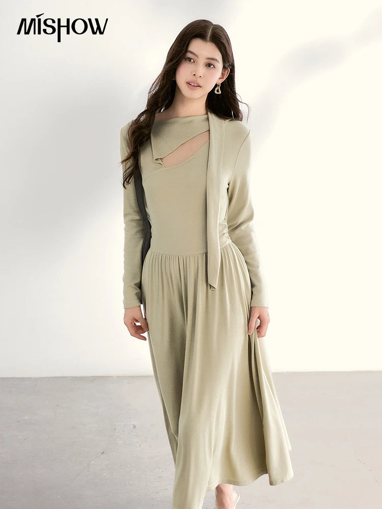Mishow Light Green Cutout Neck Hollow Ribbon Dress MXF13L2556