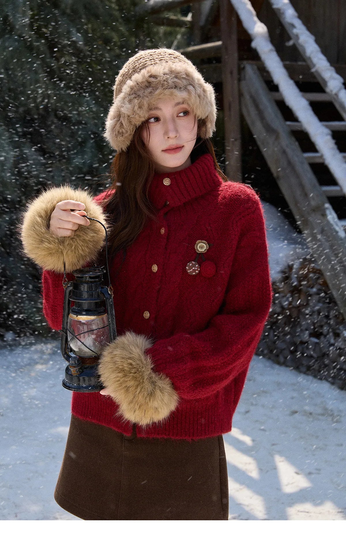 Mishow Red Cable Knit Stand Collar Cardigan MXE92Z2827