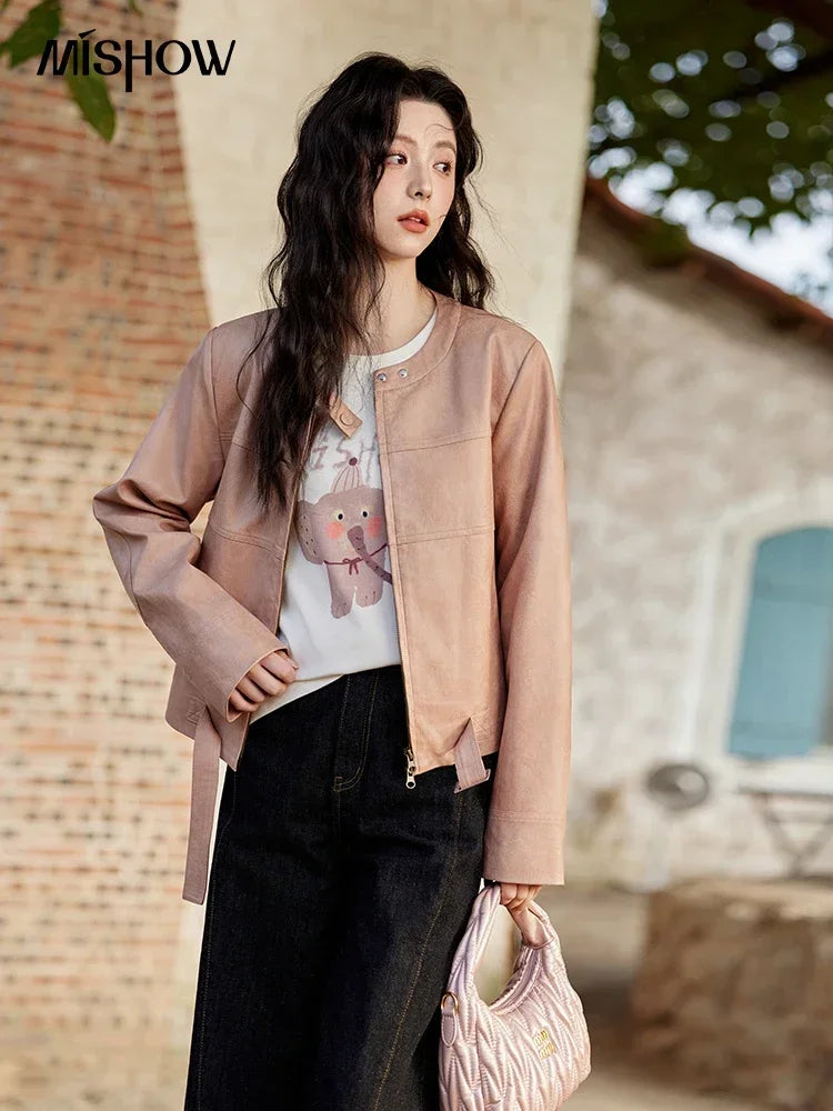 MISHOW Pink Leather Jacket Slim Fit Long Sleeve MXE11W0714