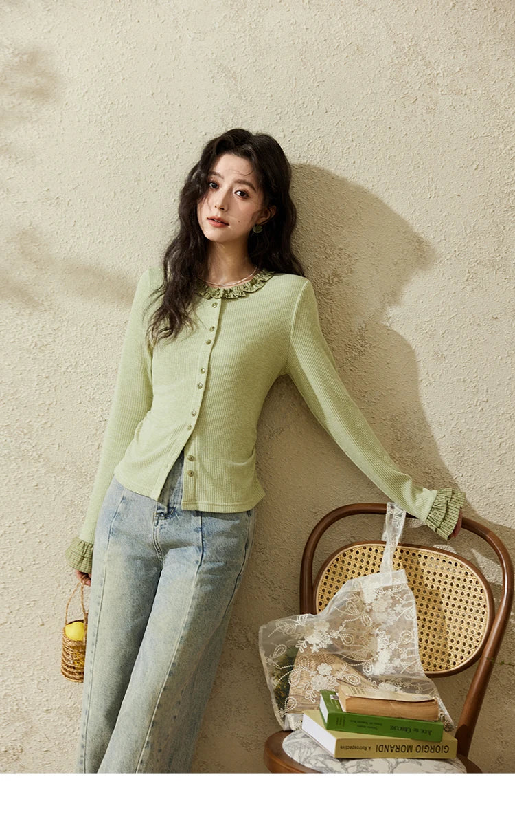 Mishow Green Plaid Lotus Leaf Sleeve Tee MXE14Z1152