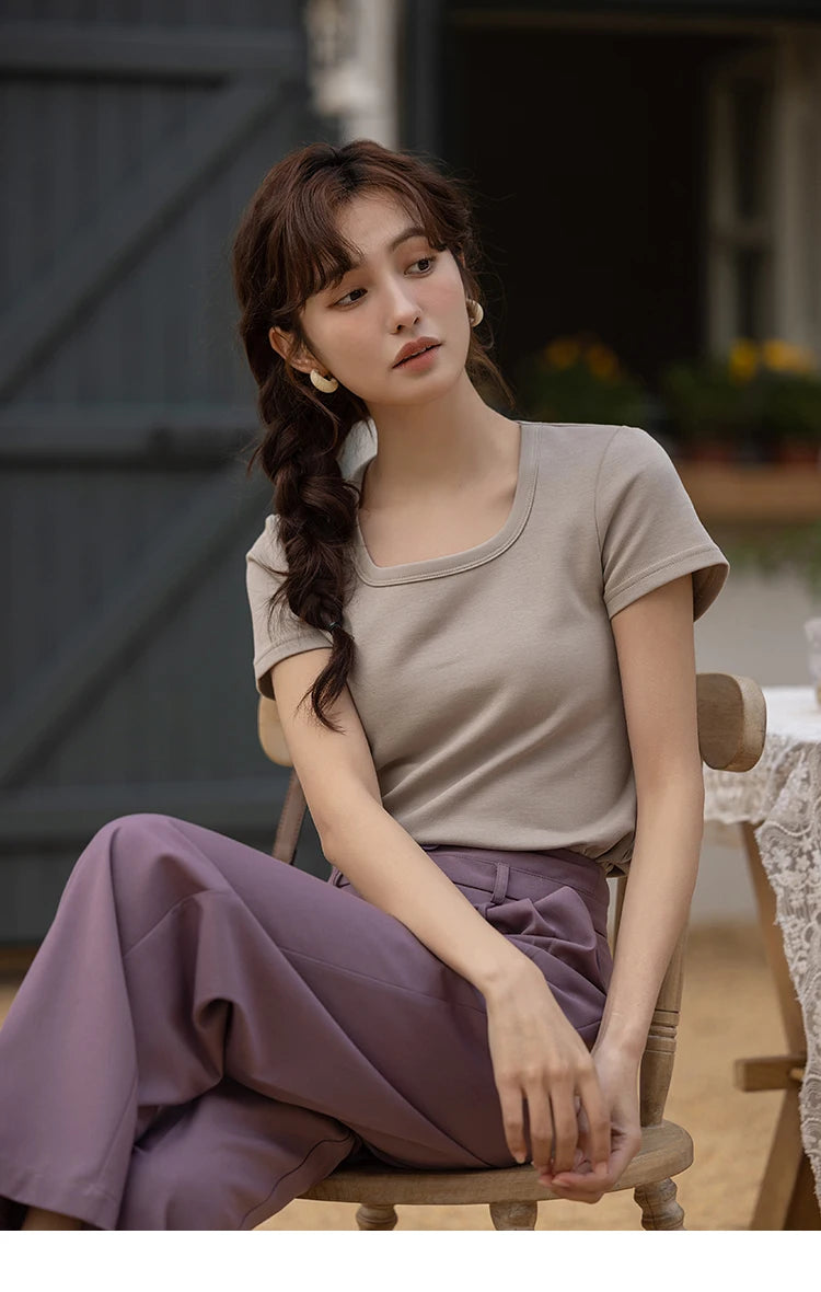 Mishow Solid Square Neck Cotton Tee MXC12T0641