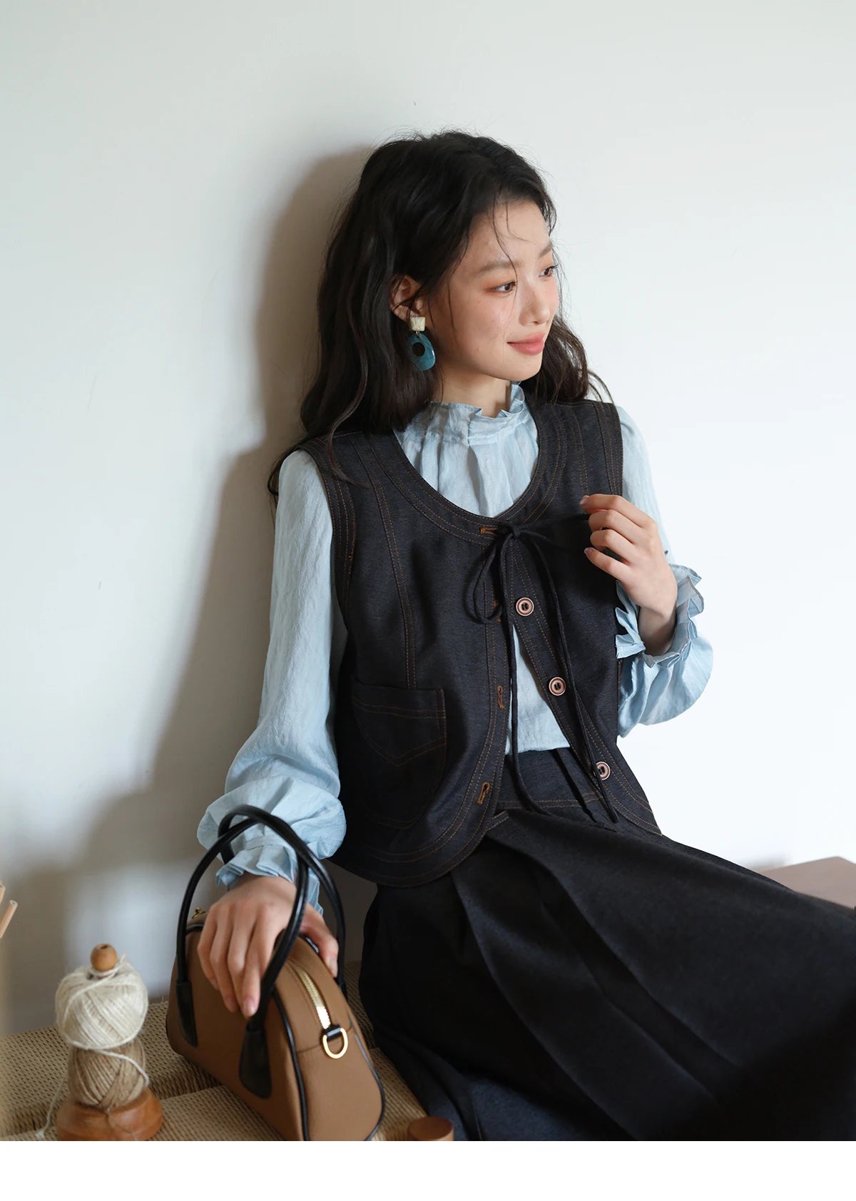 Mishow Deep Blue Imitation Denim Lace-Up Vest MXE41W0797