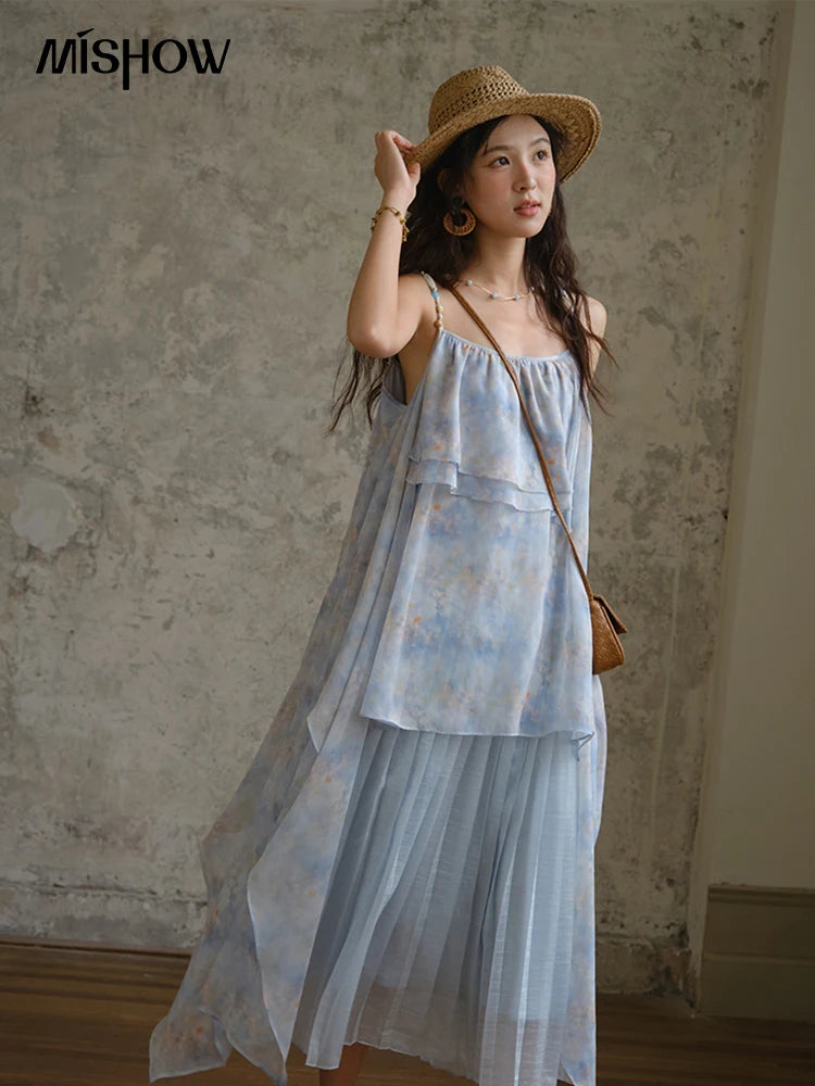 Mishow Print Strap Multi Layer Ruffle Dress MXE35L2233