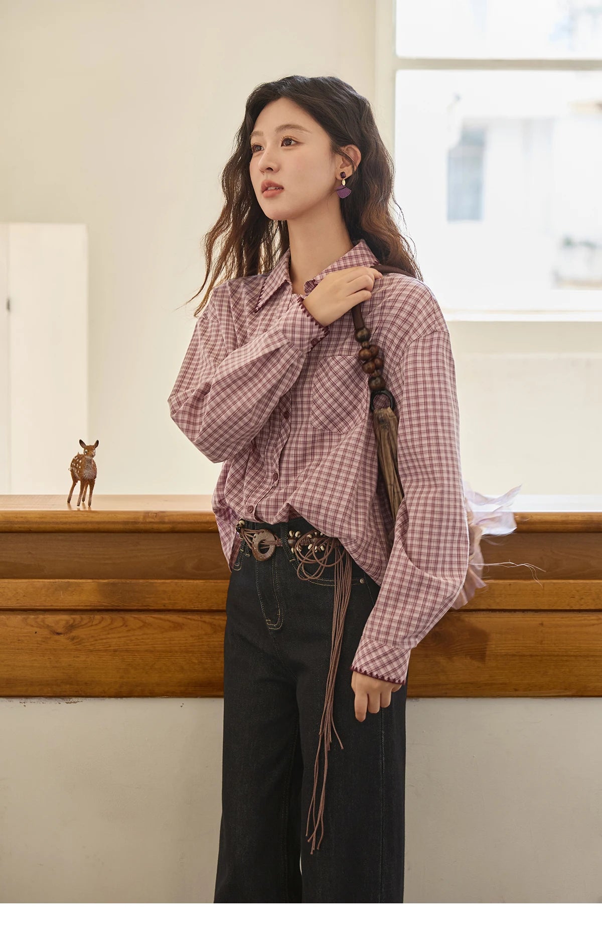 MISHOW Purple Plaid Shirt Contrast Embroidery Pocket MXE44C2394