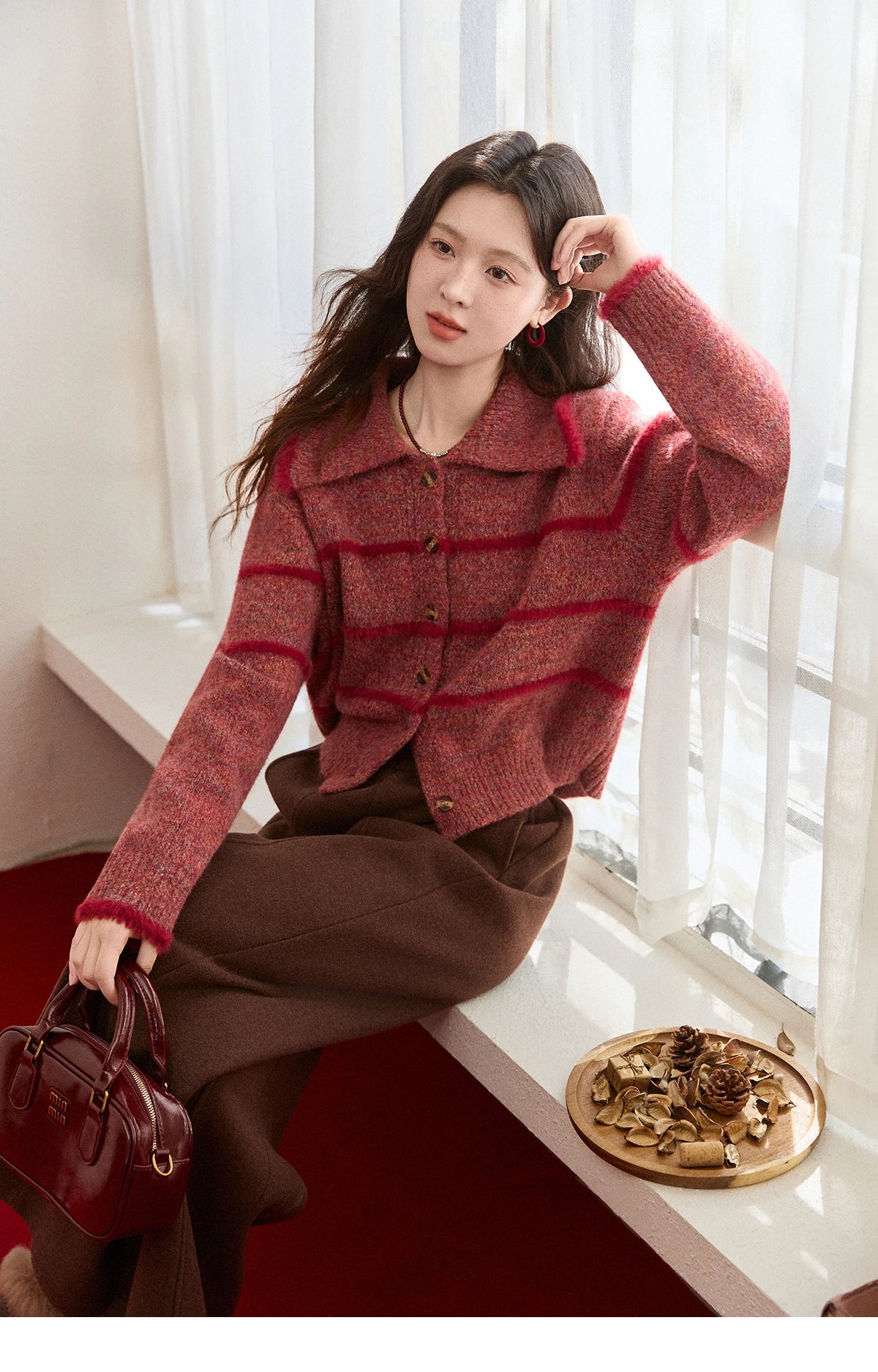Mishow Red Striped Large Lapel Fleece Cardigan MXE94Z2888