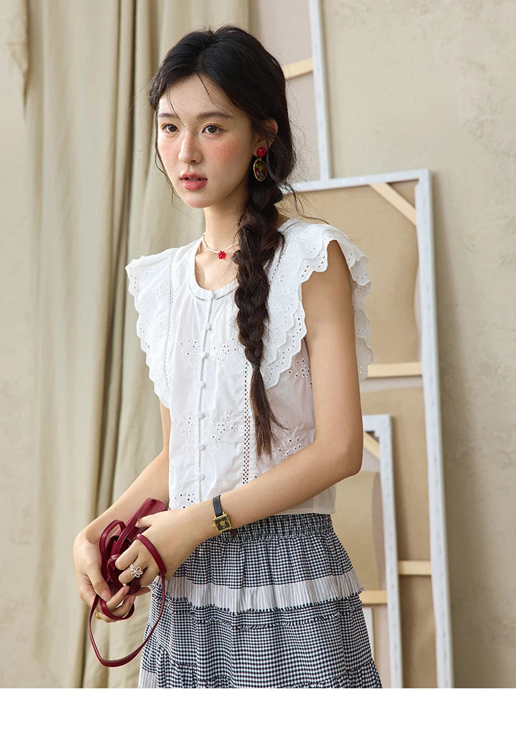 MISHOW Flying Sleeve Cotton Blouse Hollow Lace Slim Waist MXE36X1844