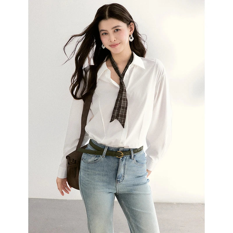 MISHOW Casual Loose Shirt with Plaid Scarf Lapel Top MXF108C0815