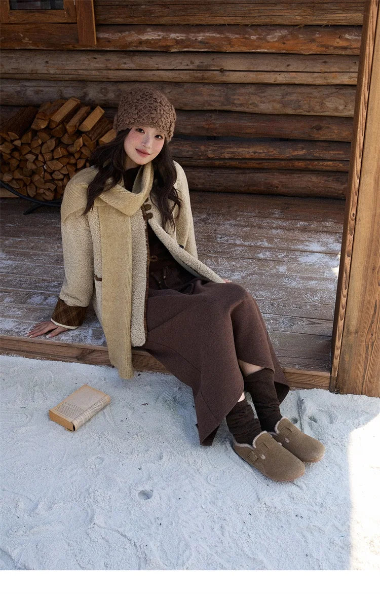 Mishow Plaid Patchwork Lamb Wool Round Neck Coat MXE90W0923