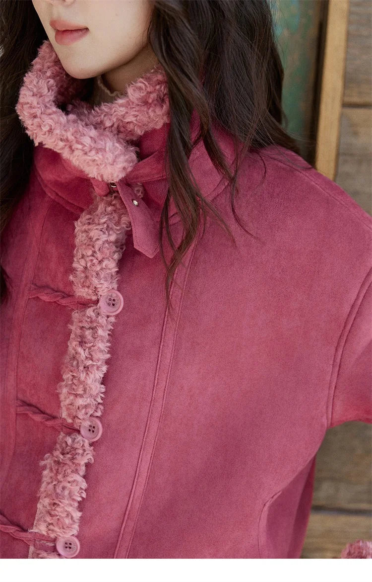 Mishow Dragon Fruit Red Suede Patchwork Coat MXE87W0942