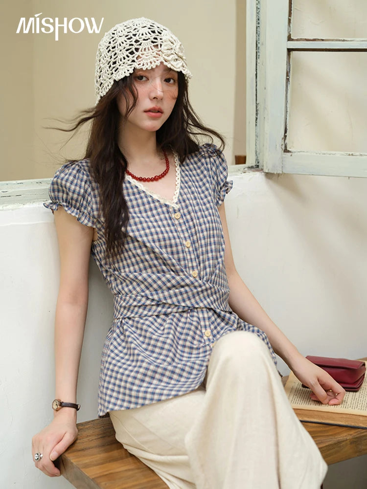 MISHOW Garment Sleeves Plaid Shirt Lace V-Neck Button Belt MXE36X1814