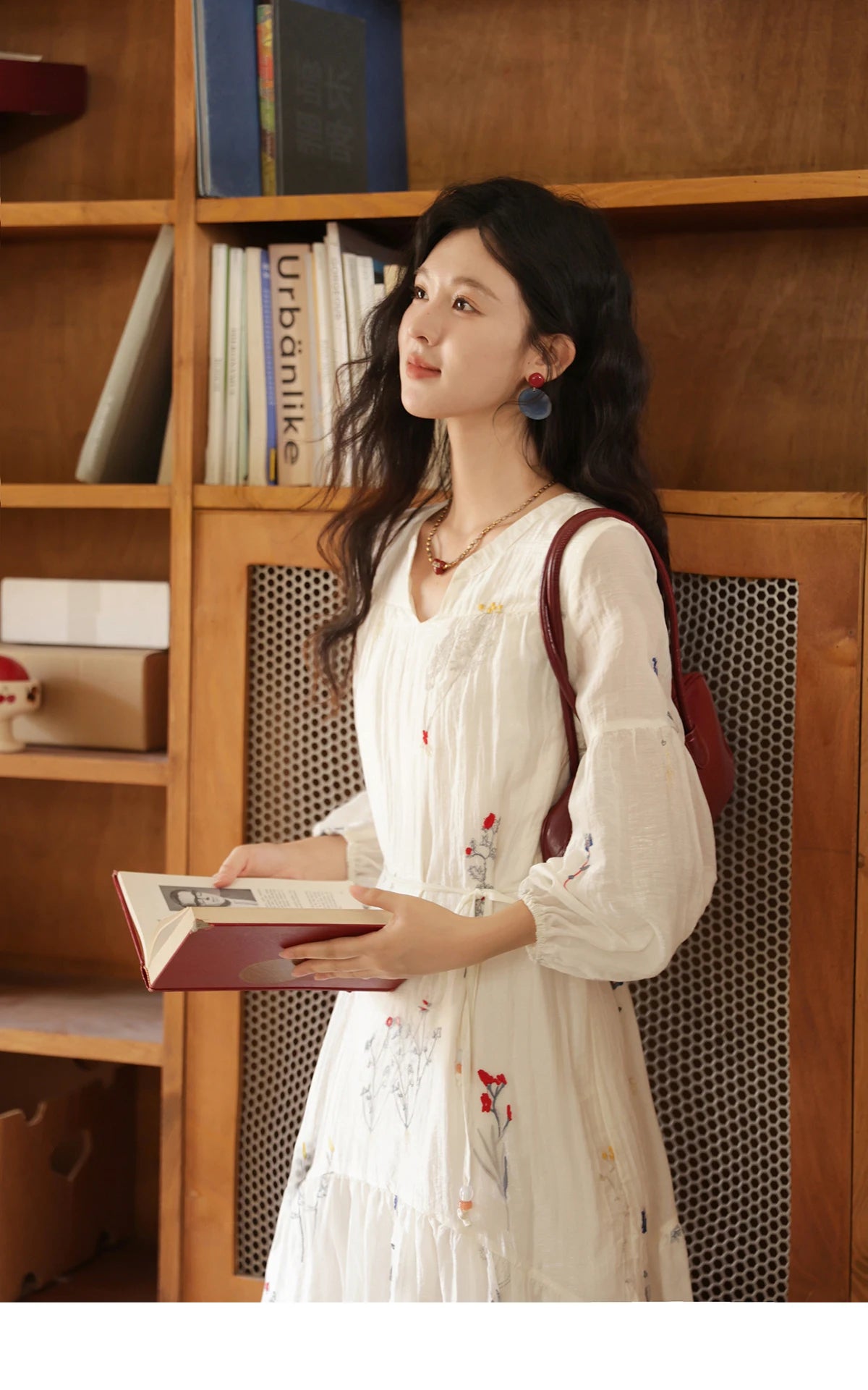 Mishow Beige Curved Collar Lantern Sleeve Tied Dress MXE41L2487