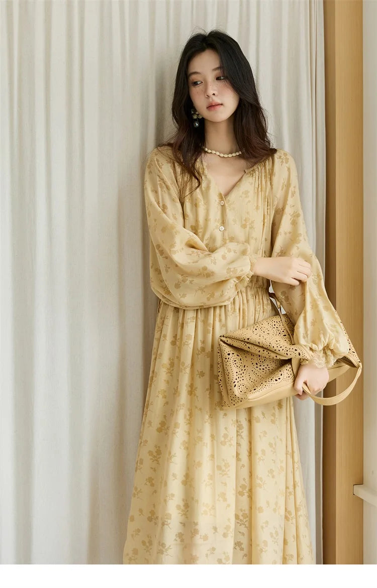 MISHOW Yellow Print Lace Lantern Sleeve Dress MXE47L2527