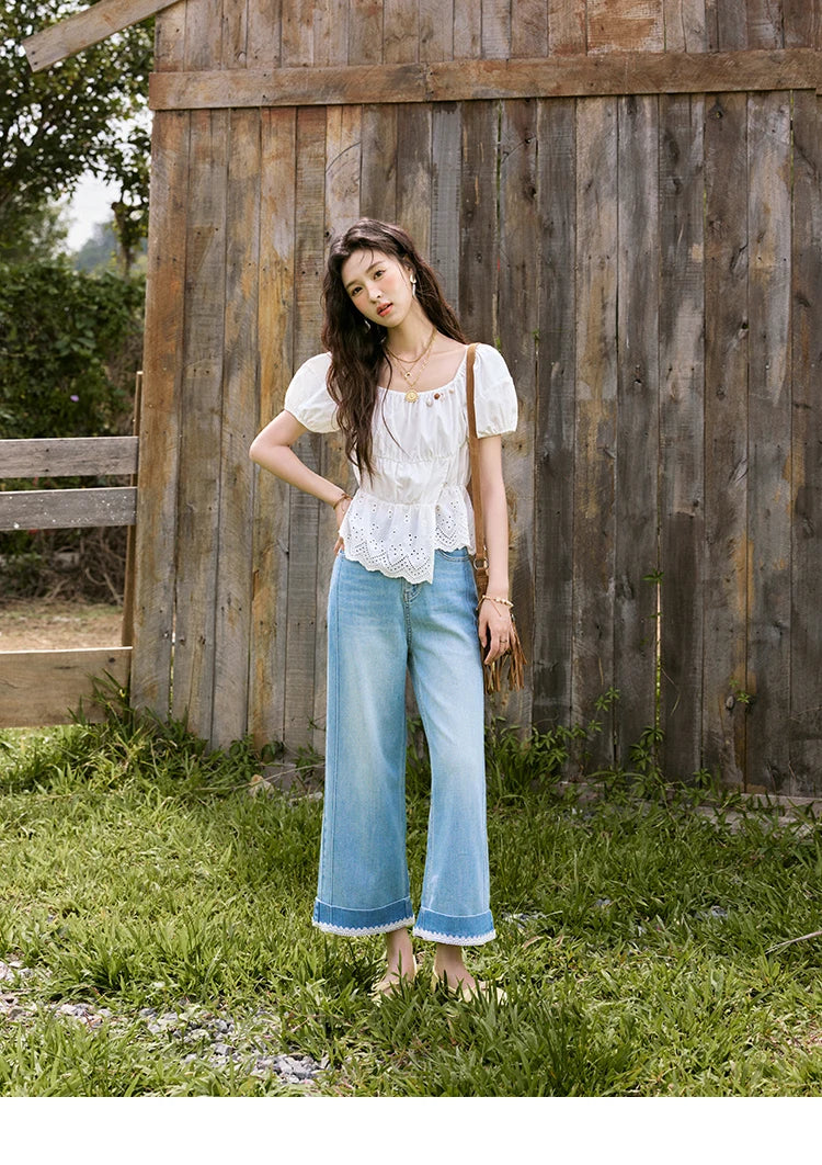 MISHOW Solid Short Puff Sleeve Blouse Hem Hollow Beading MXE33X1776