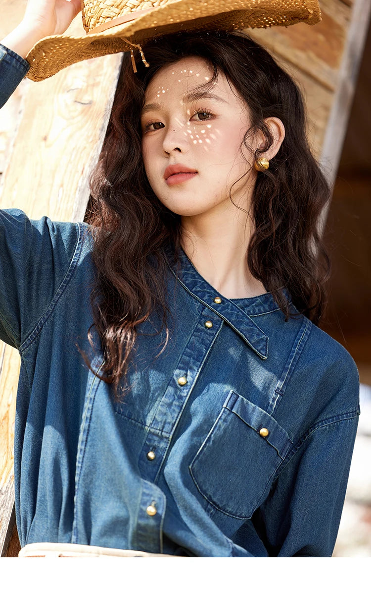MISHOW 100% Cotton Denim Shirt O-Neck Loose Fit MXE12C0384