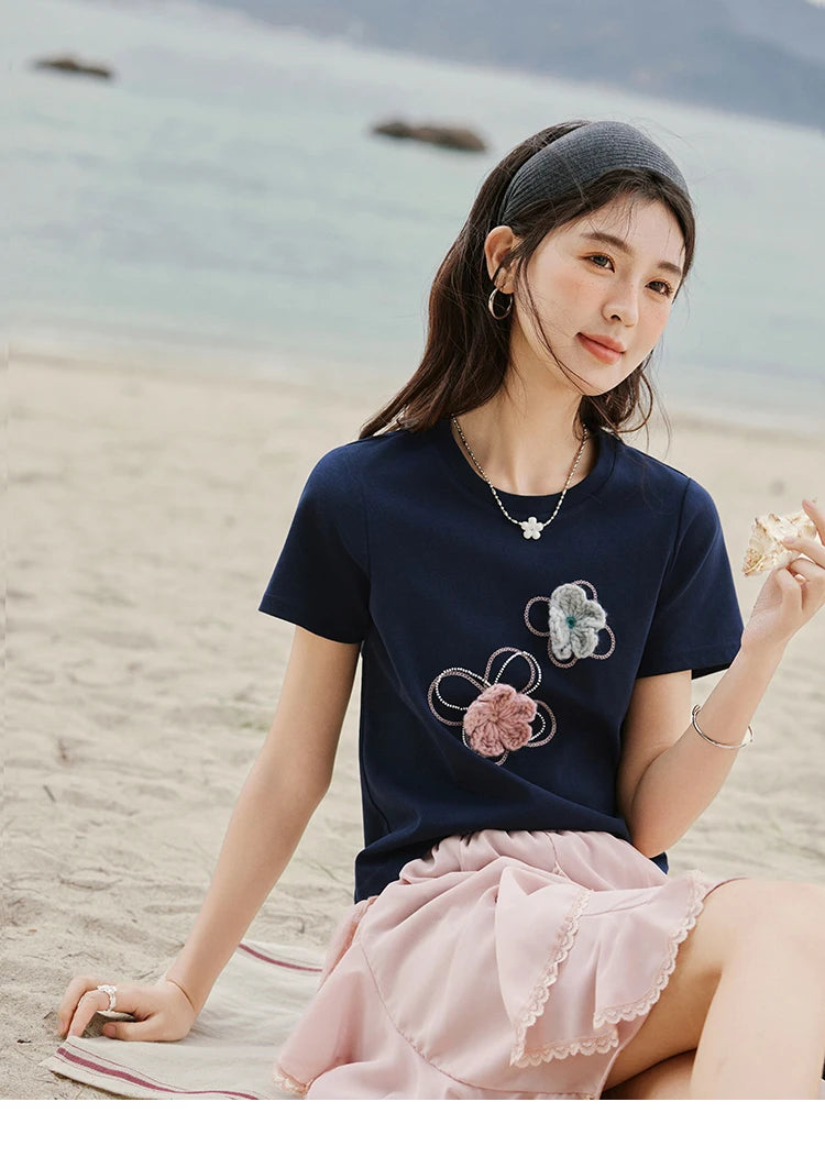 Mishow Flower Beaded Round Neck Tee MXE33T0499
