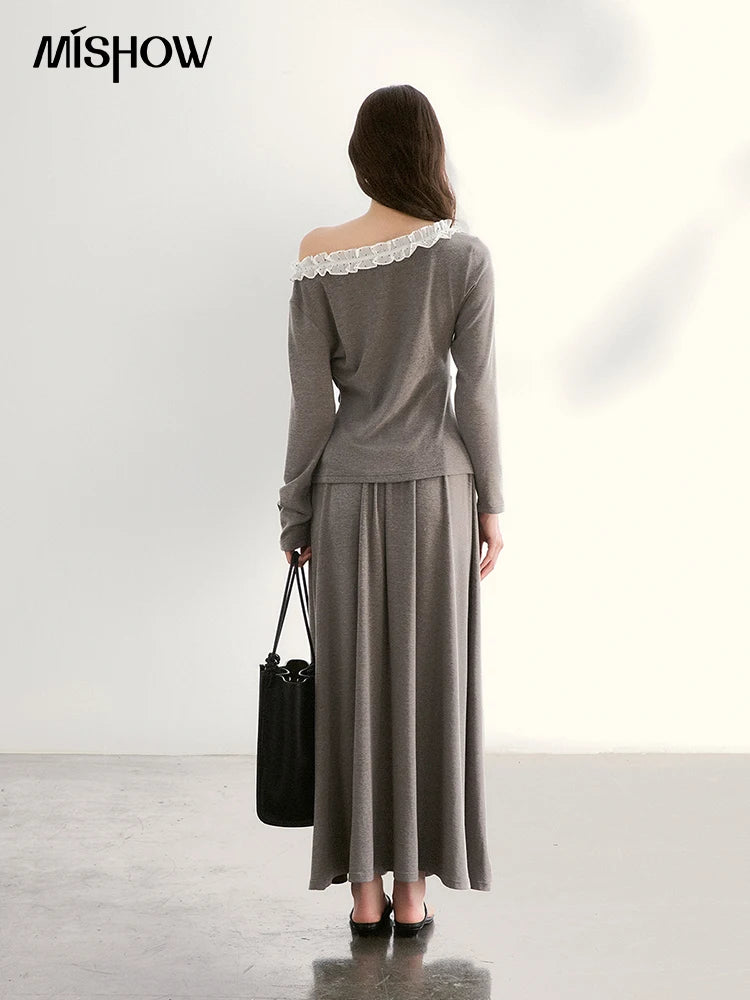 Mishow Grey Off-Shoulder Lace Trim Top & Maxi Skirt Set MXF13T1479