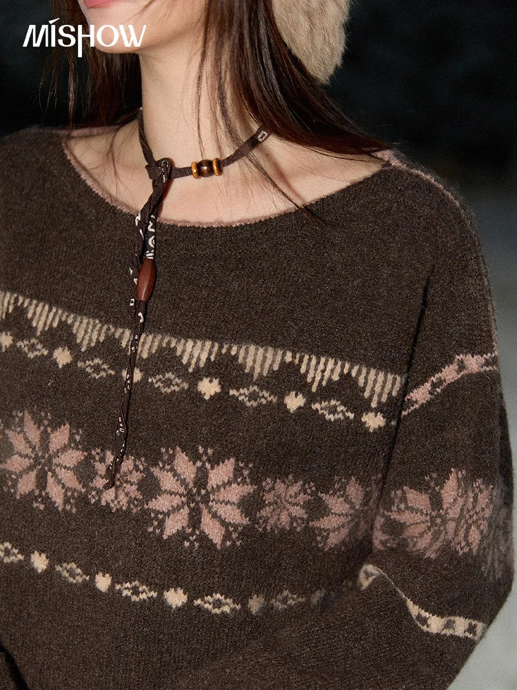 Mishow Brown Snowflake Jacquard Crew Neck Pullover MXE86Z2655