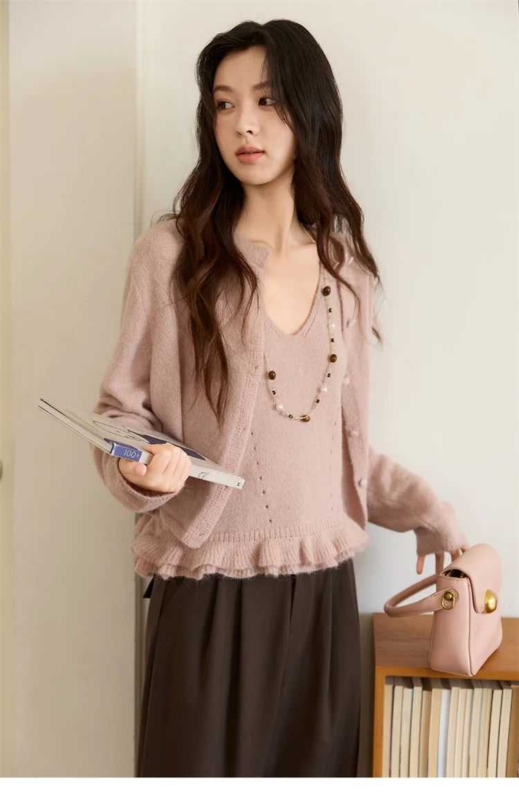 Mishow Pink Crew Neck Cardigan & Suspenders Set MXE48T1404