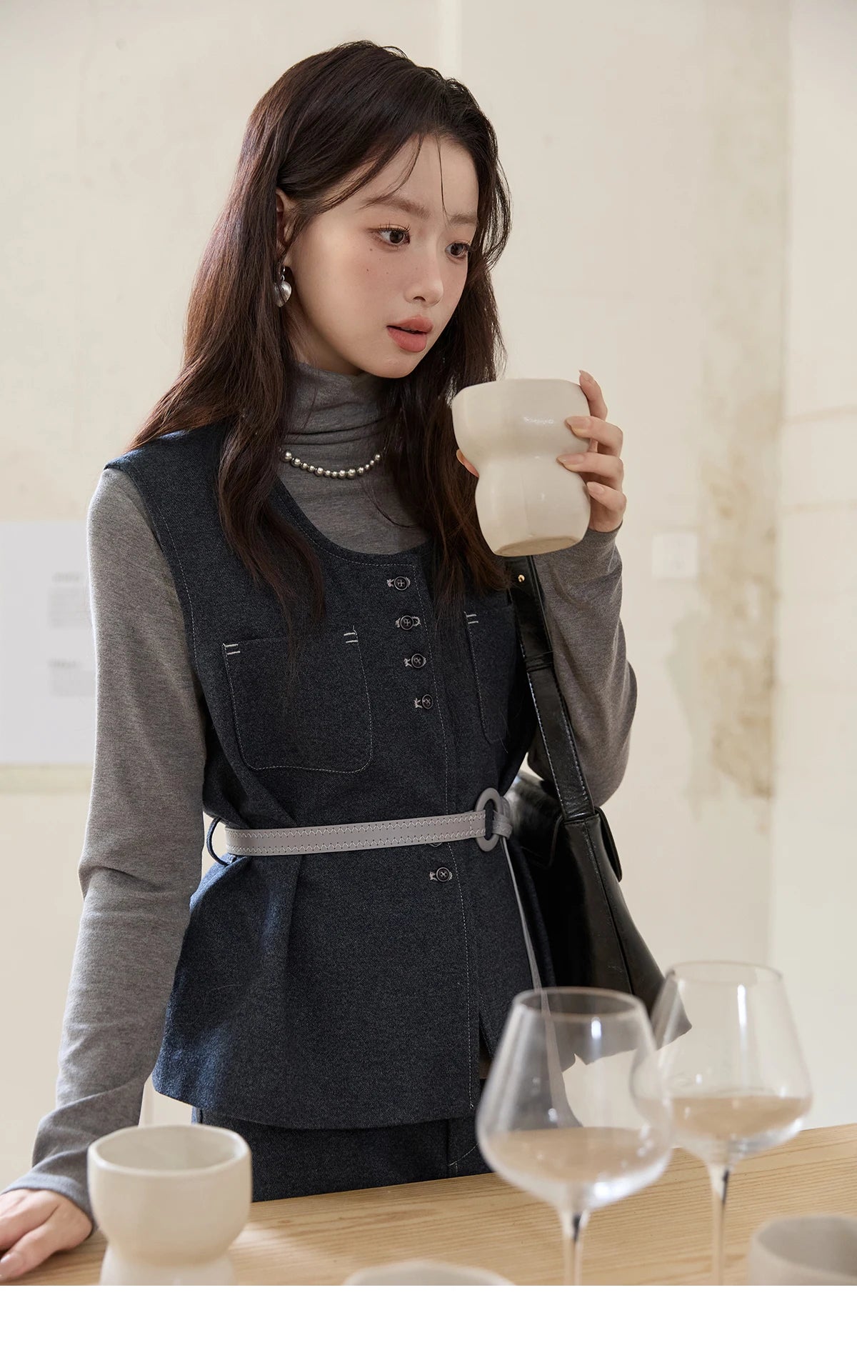 Mishow Blue Sleeveless Vest & Knit Top & Midi Skirt 3-Piece Set MXE49T1421