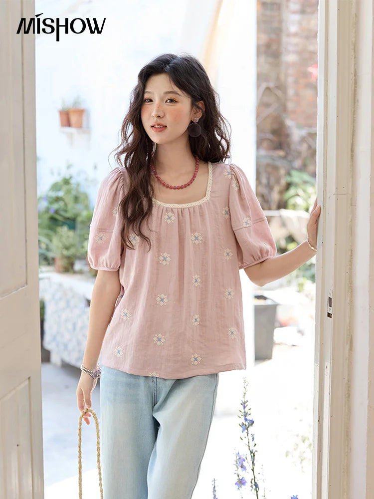 MISHOW Pink Embroidered Linen Blouse Square Collar Lace Patchwork MXE35X1834