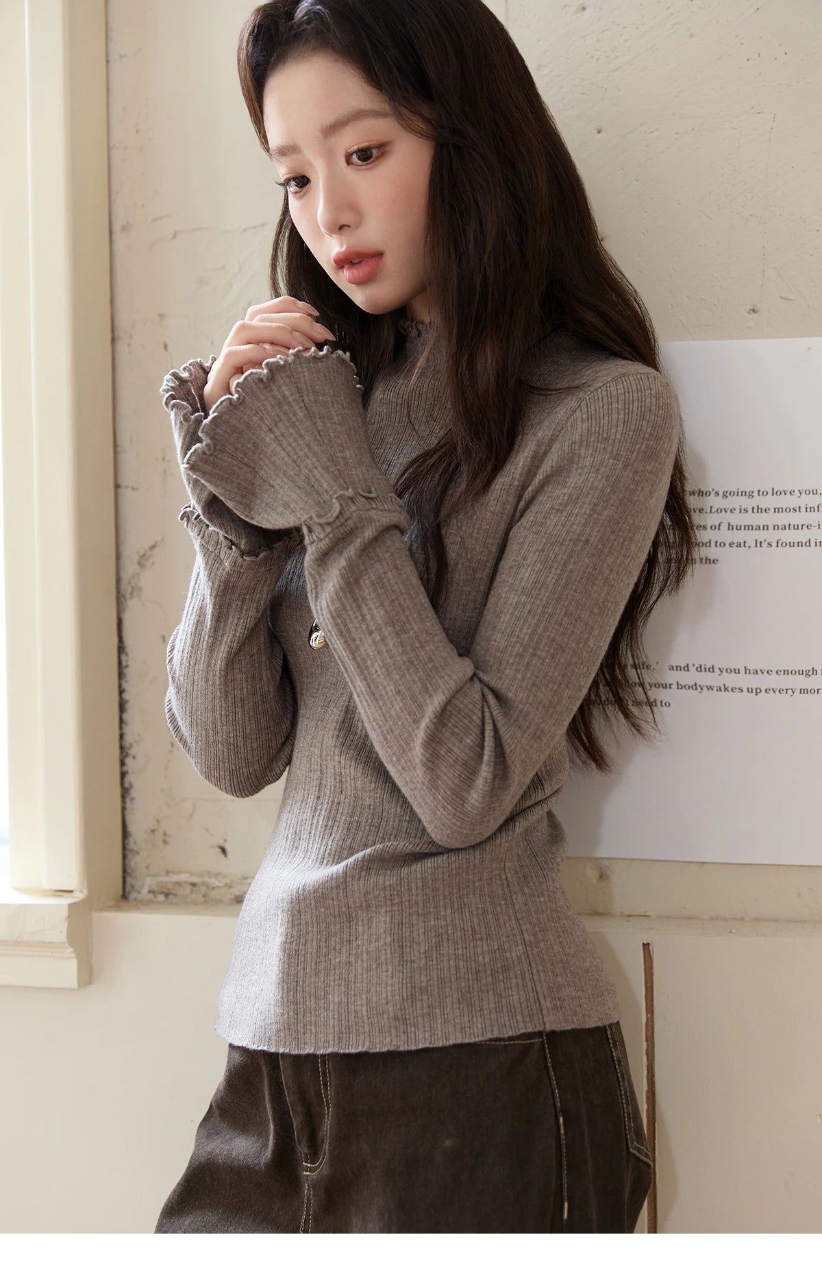 Mishow Turtleneck Wood Ear Trumpet Sleeve Top MXE51Z2552