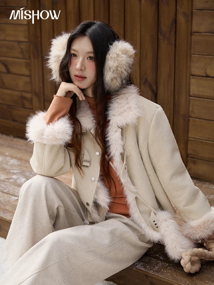 Mishow Faux Fur Lapel Short Coat with Plush Bag MXE91W1000