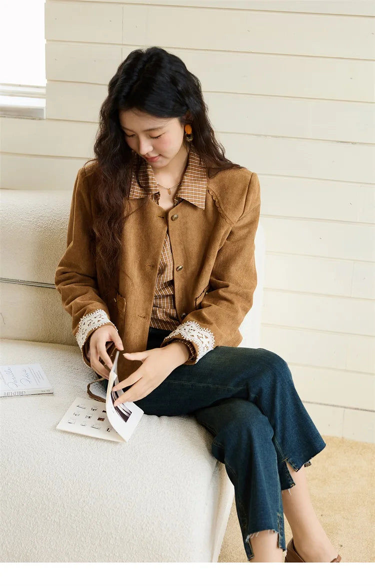 MISHOW Fragrant Suede Jacket Cuffs Hollowed Out Lace Metal Button MXE46W0839