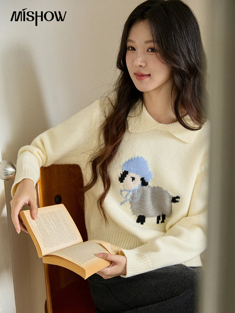 Mishow Beige Sheep Pattern Round Collar Sweater MXE94Z2962