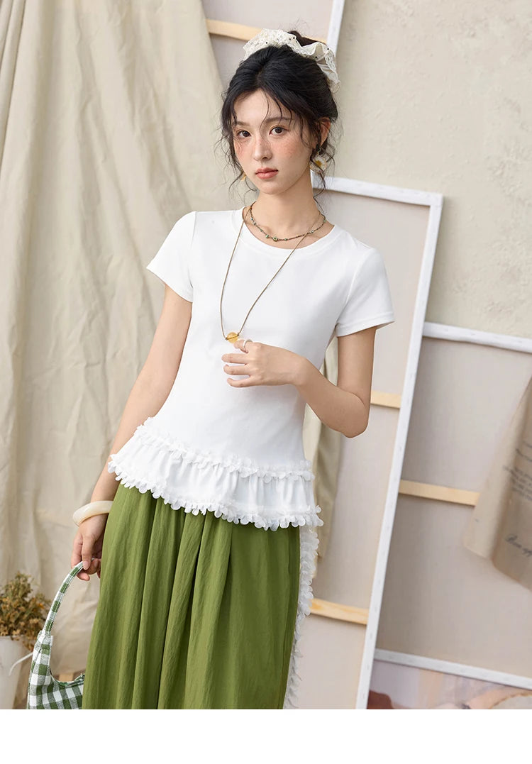 Mishow White Ruffled Tee with Red Lanyard Necklace MXE34T0557