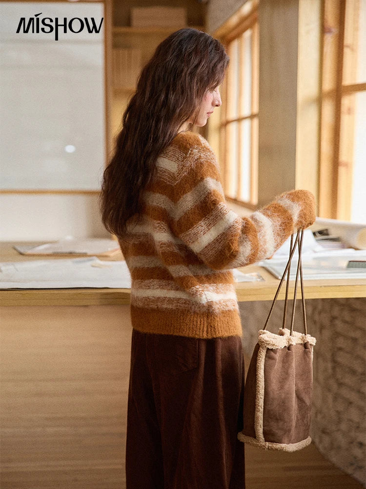 Mishow Retro Striped Round Neck Wool Cardigan MXE87Z2723