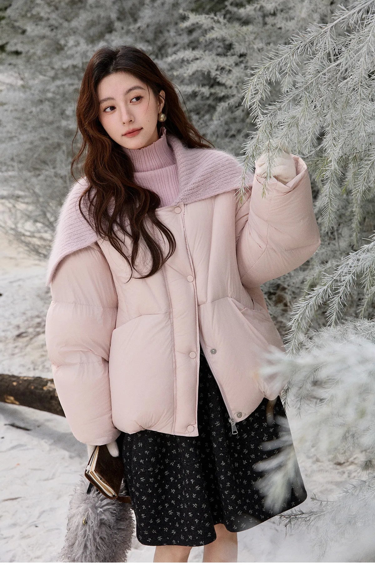 Mishow Pink Woolen Lapel Short Down Jacket MXE92Y0089