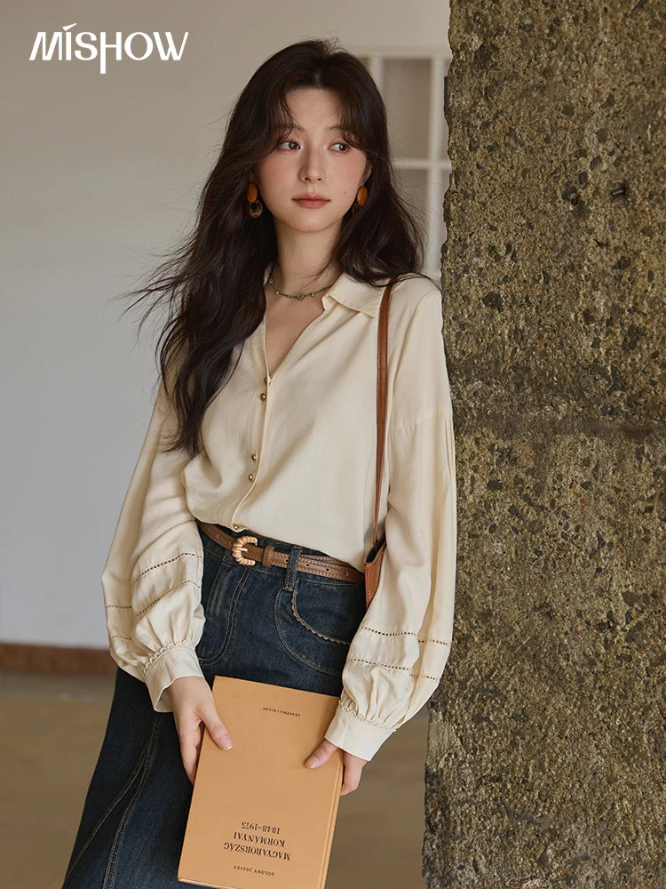 MISHOW Women's Lantern Sleeve Hollow Out Shirt Lapel Solid Top MXE41C2359